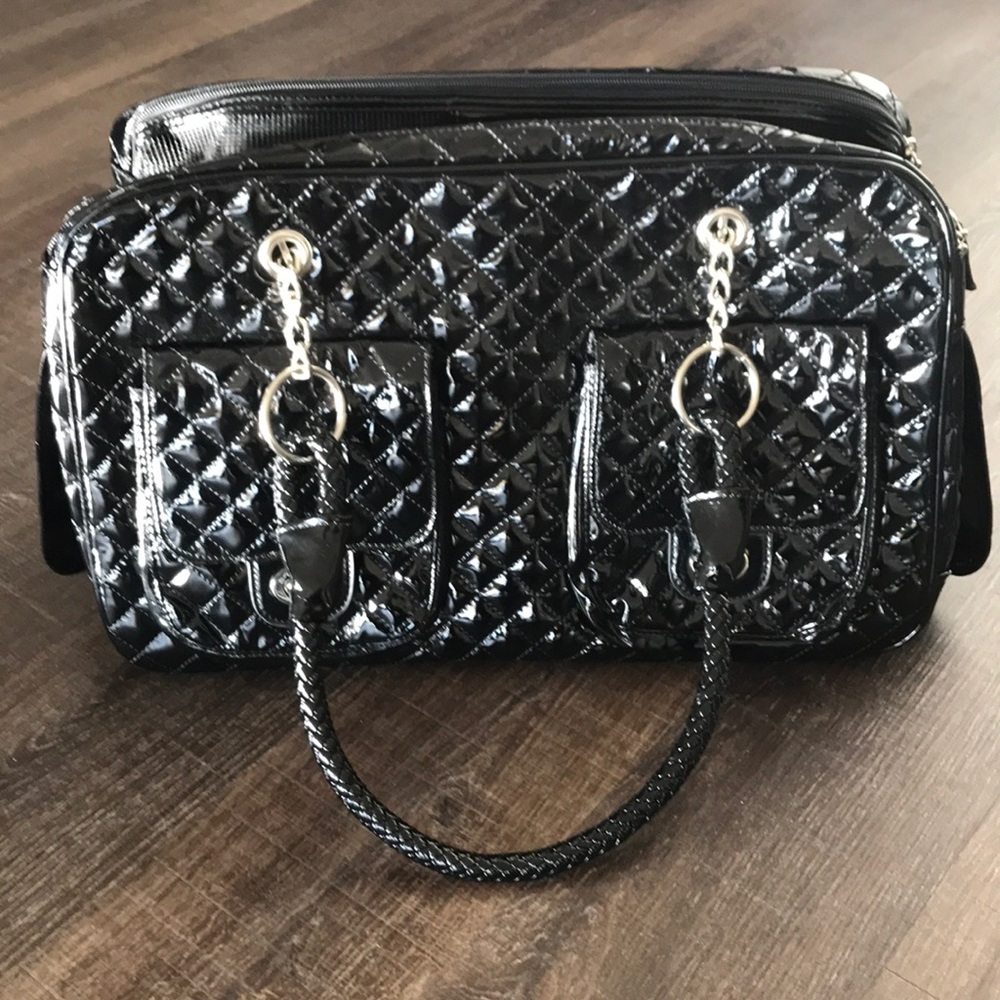Black faux patent leather quilted chic dog purse!
